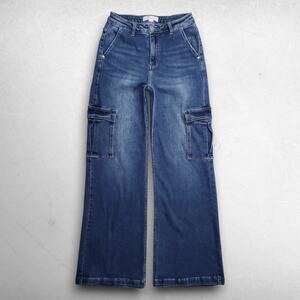 Risen Wide Leg Cargo Jeans Faded Stretch Women Jr 5/27 Medium Blue Boho Festival